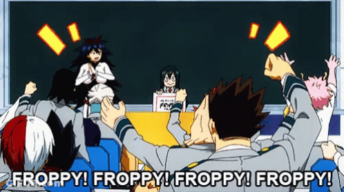 A Group Of Anime Characters Are Sitting In Front Of A Blackboard With The Words Froppy Written On It GIF
