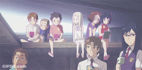 A Group Of Anime Characters Are Sitting On A Wooden Ledge And One Of Them Is Wearing A Purple Tie GIF