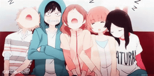 A Group Of Anime Characters Are Sleeping On A Couch With One Girl Wearing A Shirt That Says 9Turn GIF