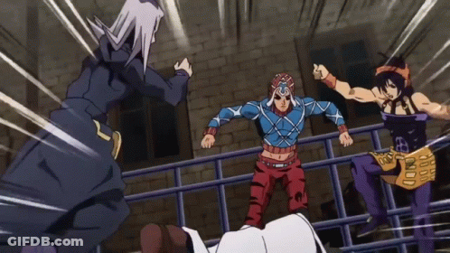 A Group Of Anime Characters Are Standing Around A Fence GIF