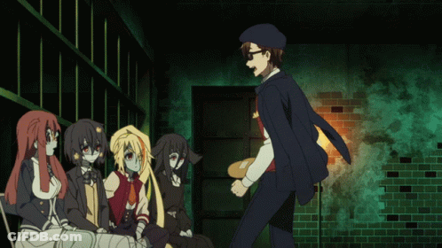 A Group Of Anime Characters Are Standing Around A Man GIF