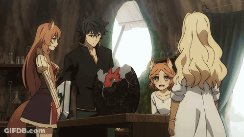 A Group Of Anime Characters Are Standing Around A Table And Talking GIF