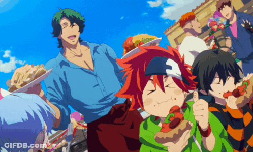 A Group Of Anime Characters Are Standing Around Eating Hamburgers GIF