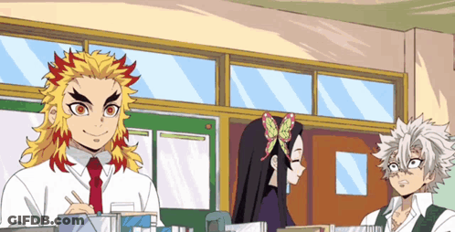 A Group Of Anime Characters Are Standing In A Classroom Talking To Each Other . GIF
