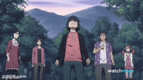 A Group Of Anime Characters Are Standing In A Forest With Mountains In The Background And The Words Watchmojo On The Bot GIF