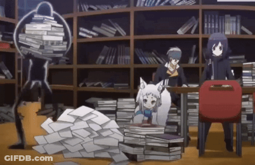 A Group Of Anime Characters Are Standing In A Library Surrounded By Books And Papers . GIF