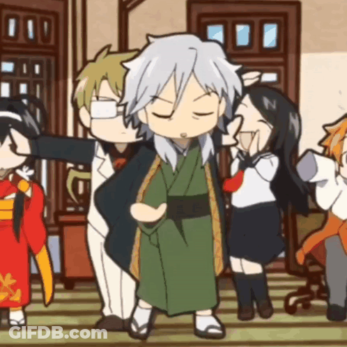 A Group Of Anime Characters Are Standing In A Room And One Of Them Is Wearing A Kimono GIF
