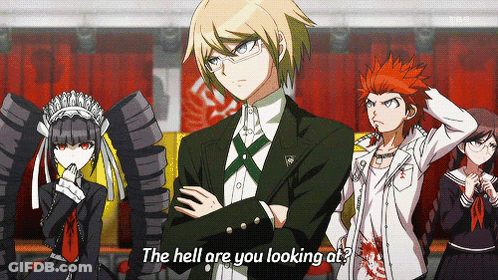 A Group Of Anime Characters Are Standing In A Room And One Of Them Says The Hell Are You Looking At GIF
