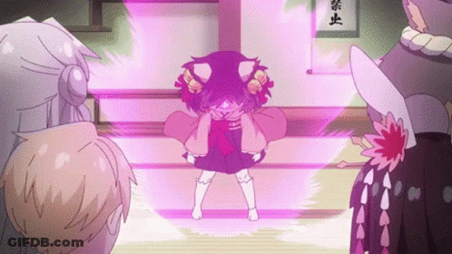 A Group Of Anime Characters Are Standing In A Room With A Purple Light Coming Out Of The Ceiling . GIF