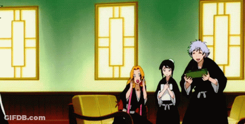 A Group Of Anime Characters Are Standing In A Room With A Yellow Couch GIF