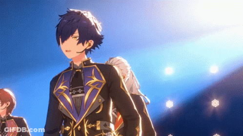 A Group Of Anime Characters Are Standing In Front Of A Blue Background GIF