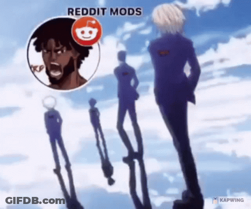 A Group Of Anime Characters Are Standing In Front Of A Blue Sky With A Reddit Icon . GIF