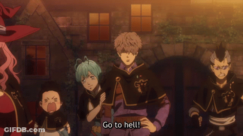 A Group Of Anime Characters Are Standing In Front Of A Building And One Of Them Is Saying Go To Hell GIF
