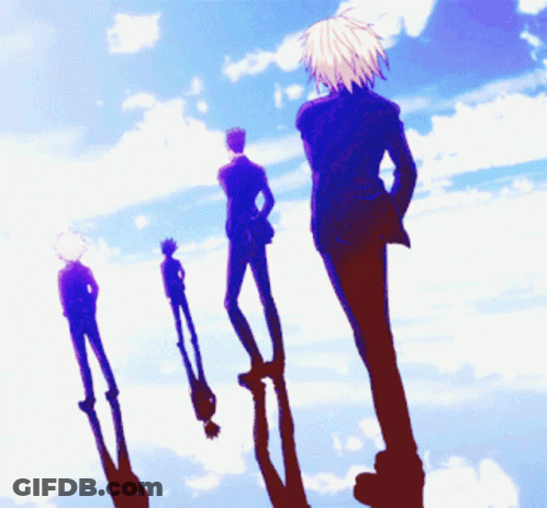 A Group Of Anime Characters Are Standing In Front Of A Cloudy Sky GIF