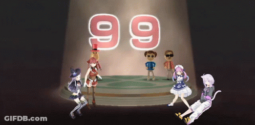 A Group Of Anime Characters Are Standing In Front Of A Large 99 Sign GIF