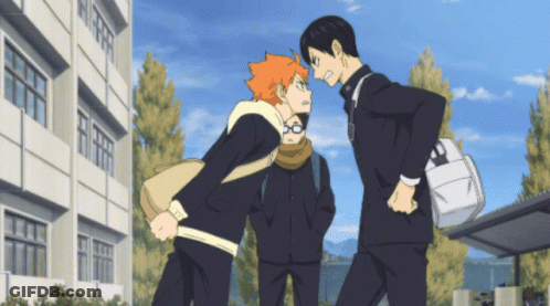 A Group Of Anime Characters Are Standing In Front Of A School Building GIF