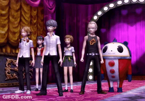 A Group Of Anime Characters Are Standing In Front Of A Stage GIF