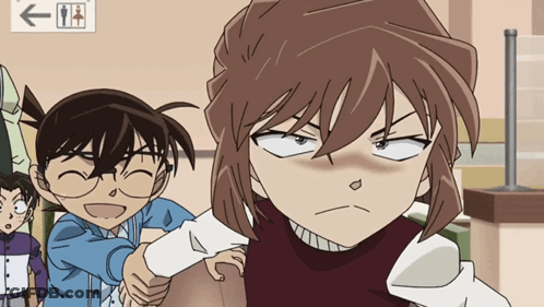 A Group Of Anime Characters Are Standing In Front Of An Arrow Pointing To A Bathroom GIF