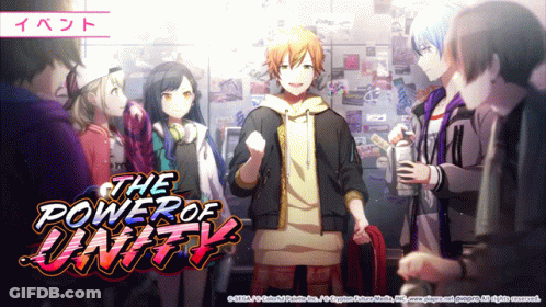 A Group Of Anime Characters Are Standing In Front Of The Power Of Unity Logo GIF