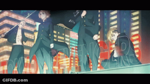 A Group Of Anime Characters Are Standing In Front Of Tokyo Revengers Written In Red GIF