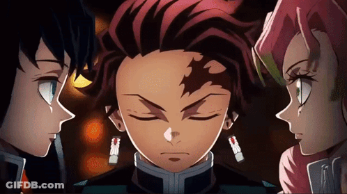 A Group Of Anime Characters Are Standing Next To Each Other And Looking At Each Other . GIF