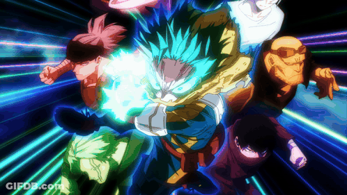A Group Of Anime Characters Are Standing Next To Each Other And One Of Them Has A Blue Hair GIF