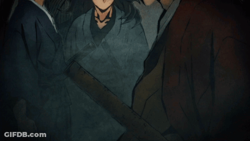 A Group Of Anime Characters Are Standing Next To Each Other And One Of Them Has Blood On His Face GIF