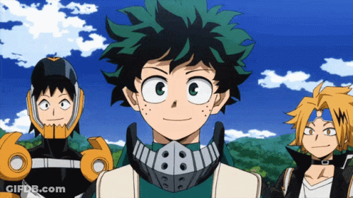 A Group Of Anime Characters Are Standing Next To Each Other And One Of Them Has The Letter C On His Face GIF