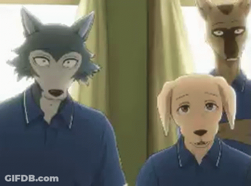 A Group Of Anime Characters Are Standing Next To Each Other In A Room And Looking At The Camera . GIF