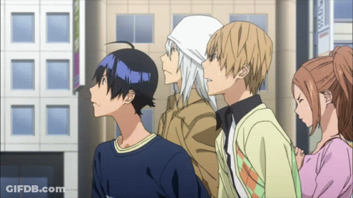 A Group Of Anime Characters Are Standing Next To Each Other In Front Of A Building GIF