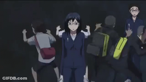 A Group Of Anime Characters Are Standing Next To Each Other In The Dark . GIF