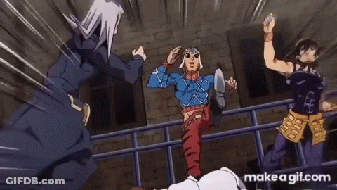 A Group Of Anime Characters Are Standing Next To Each Other On A Railing . GIF