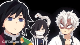 A Group Of Anime Characters Are Standing Next To Each Other With A Snake On Their Head . GIF