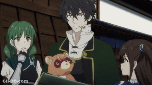 A Group Of Anime Characters Are Standing Next To Each Other With One Holding A Stuffed Animal GIF
