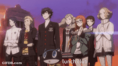 A Group Of Anime Characters Are Standing Next To Each Other With The Words Lunch Club Written On The Bottom GIF