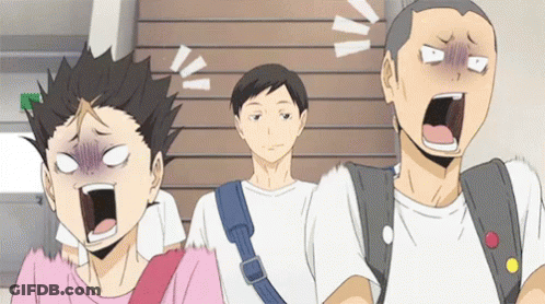 A Group Of Anime Characters Are Standing Next To Each Other With Their Mouths Wide Open . GIF