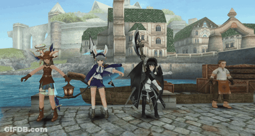 A Group Of Anime Characters Are Standing On A Cobblestone Street GIF