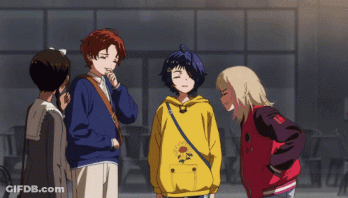 A Group Of Anime Characters Are Standing Together And One Of Them Is Wearing A Yellow Hoodie With The Letter O On It GIF