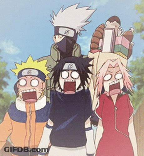 A Group Of Anime Characters Are Standing Together With Their Mouths Open GIF