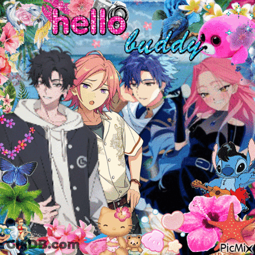 A Group Of Anime Characters Are Surrounded By Flowers And The Words Hello Buddy GIF