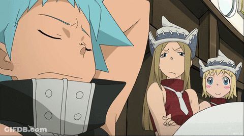 A Group Of Anime Characters Including A Boy And Two Girls With Their Eyes Closed GIF