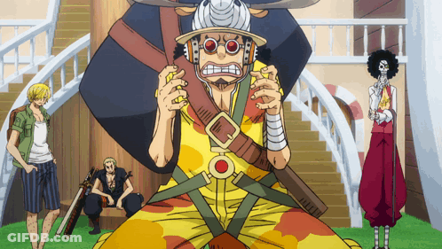 A Group Of Anime Characters Including Brook And Sanji Are Standing In Front Of A Staircase GIF