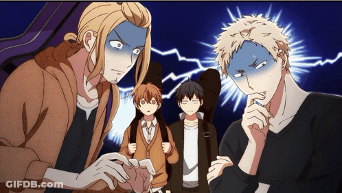 A Group Of Anime Characters Including One With A Guitar Case GIF