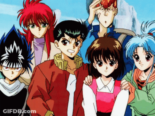 A Group Of Anime Characters Pose For A Picture Together GIF