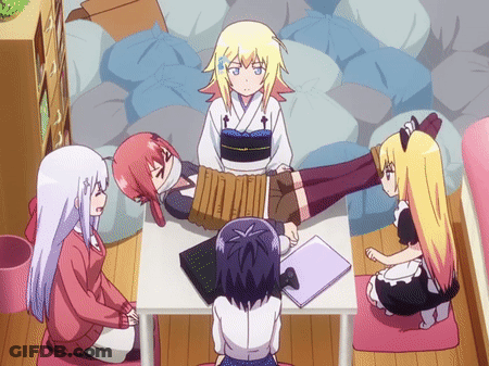 A Group Of Anime Characters Sitting Around A Table GIF