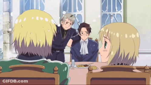 A Group Of Anime Characters Sitting At A Table With A Plate Of Food GIF