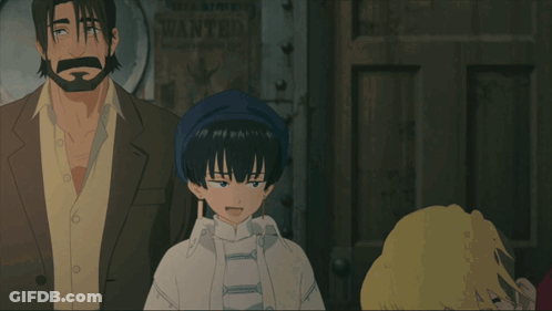 A Group Of Anime Characters Stand In Front Of A Wanted Sign GIF