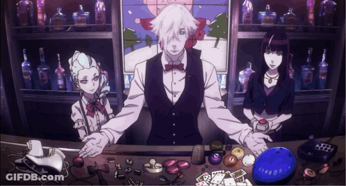 A Group Of Anime Characters Standing Around A Table With Cards And Bottles On It GIF