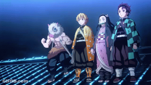A Group Of Anime Characters Standing Next To Each Other On A Roof GIF