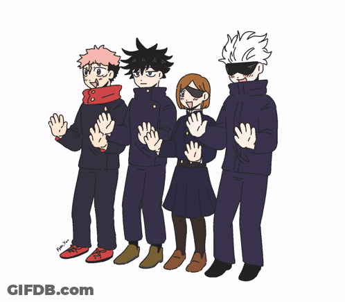 A Group Of Anime Characters Standing Next To Each Other With A Drawing Of Their Faces By A Person Named Aoyama GIF